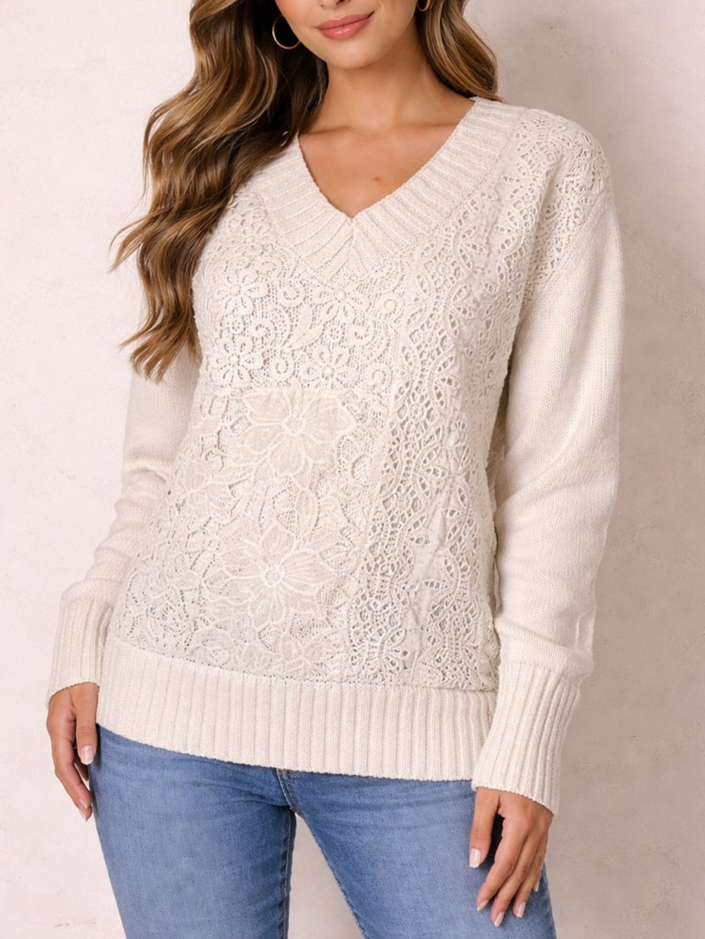 Johnny Was Shona White Lace Pullover V Neck Cotton Knit Sweater size Large